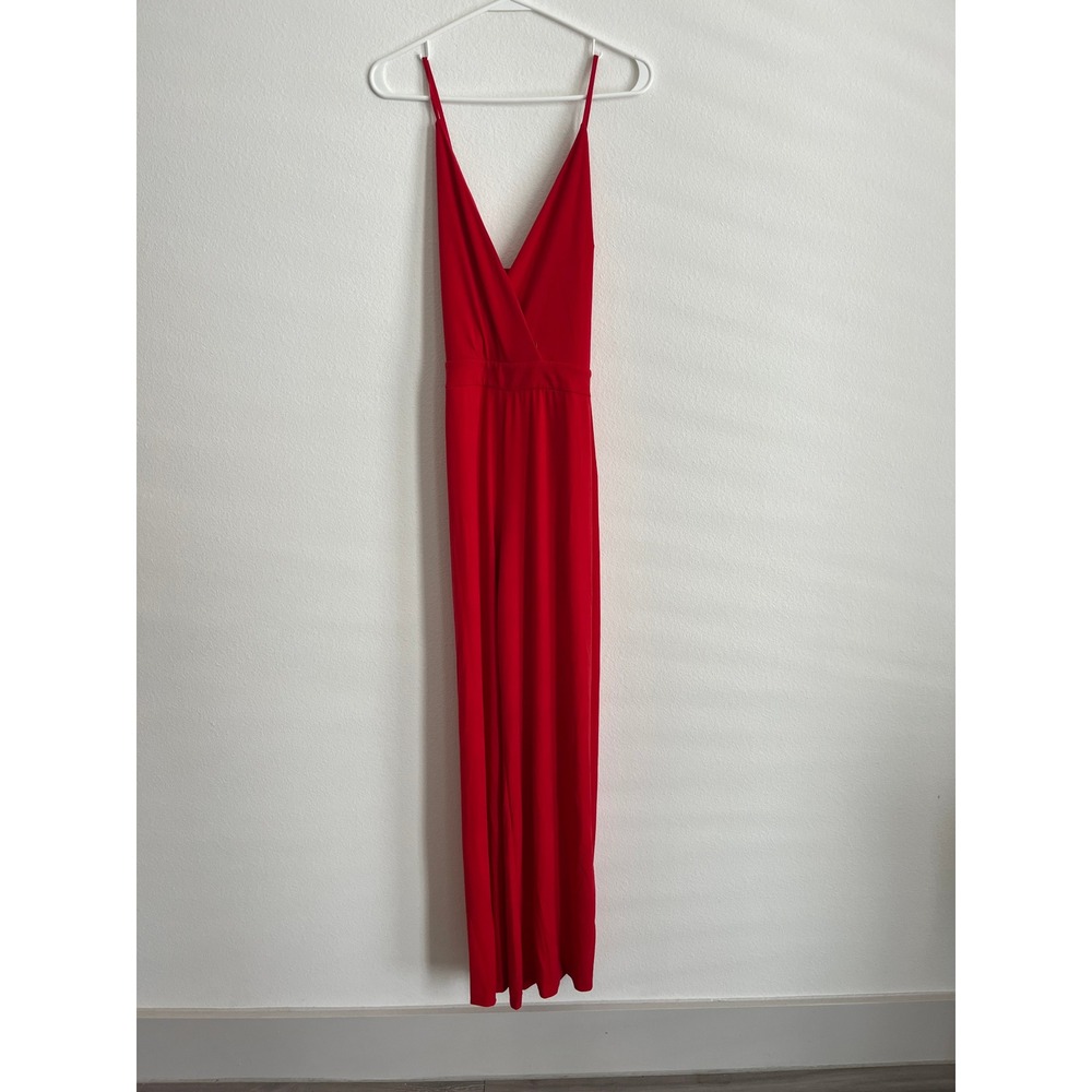 Express Red Surplice V-Neck Wide Leg‎ Jumpsuit L Petite Sleeveless Slit Belted